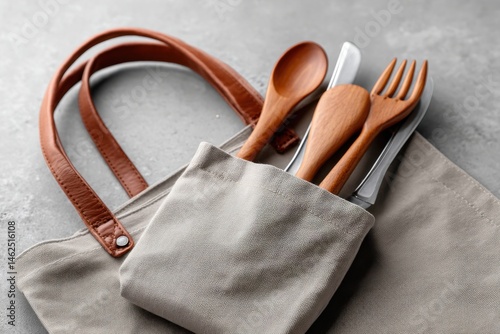 A serene indoor scene featuring wooden spoons, a fork, and knife elegantly placed beside a simple tote bag on a table. The calm ambiance of daytime light enhances the minimalist aesthetic.
