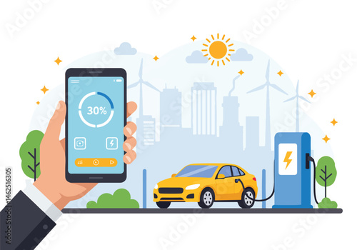 Adobe Illustrator Artwork Futuristic vector flat illustration of an electric car charging, controlled by a smartphone app. Promotes eco-friendly transport, green tech, and sustainable urban living