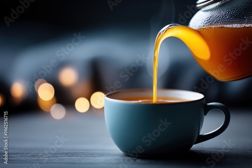 Glass teapot pours warm tea into a delicate teacup, creating a cozy atmosphere indoors. Bokeh lights twinkle softly in the background, evoking relaxation and comfort.