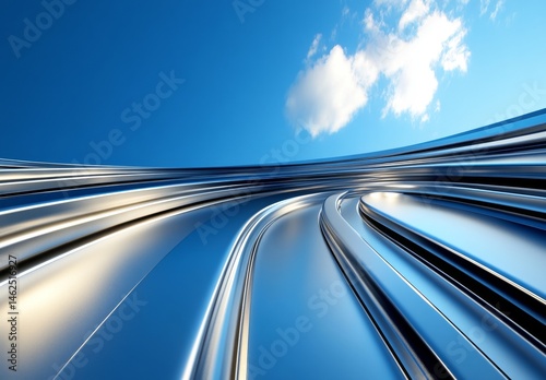 A blue sky provides the backdrop for modern abstract steel arches in this architectural design and futuristic concept