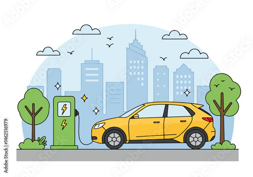 Adobe Illustrator Artwork Scenic vector flat illustration of a white and green electric car charging at a station with a mountain backdrop. Promotes clean energy, ecology, and sustainable transport