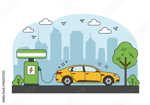 Adobe Illustrator Artwork Scenic vector flat illustration of a white and green electric car charging at a station with a mountain backdrop. Promotes clean energy, ecology, and sustainable transport