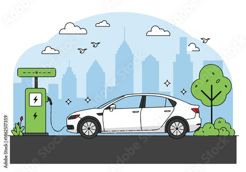 Adobe Illustrator Artwork Scenic vector flat illustration of a white and green electric car charging at a station with a mountain backdrop. Promotes clean energy, ecology, and sustainable transport