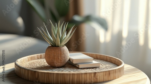 A woven tray holds a potted plant and books