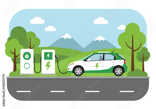 Adobe Illustrator Artwork Scenic vector flat illustration of a white and green electric car charging at a station with a mountain backdrop. Promotes clean energy, ecology, and sustainable transport
