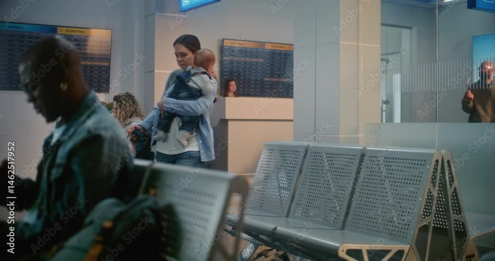Crowded International Airport Terminal: Adult Woman with Two Little Kids Sitting After Passport Control, Waiting for Airplane Flight. Diverse People and Passengers in Boarding Lounge of Airline Hub. Crowded International Airport Terminal: Adult Woman with Two Little Kids Sitting After Passport Control, Waiting for Airplane Flight. Diverse People and Passengers in Boarding Lounge of Airline Hub.