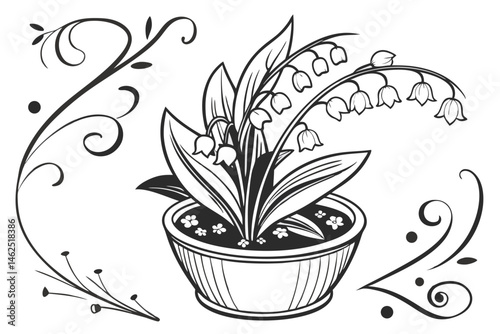 27 Black and white illustration, potted plant, round planter, lily of the valley flowers, decorative swirls, botanical sketch, hand-drawn style, intricate details, delicate linework, whimsical design,