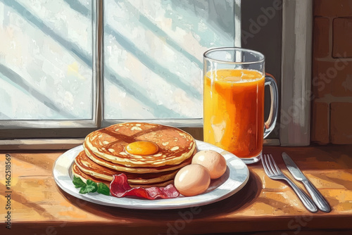 Plate of pancakes with maple syrup next to a glass of orange juice on a wooden table. Morning sunlight gently falling on the breakfast spread.