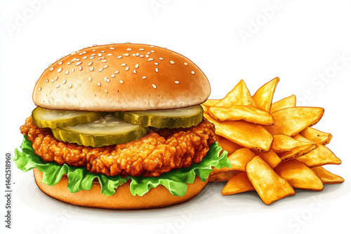 Juicy hamburger topped with pickles served with crispy chips on a wooden tray.