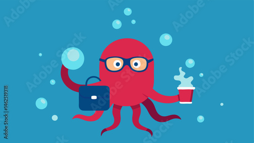 Morning Commute The octopus is partly submerged in water sporting a pair of oversized round glasses perched on its head. With an air of determination it carries a bright red