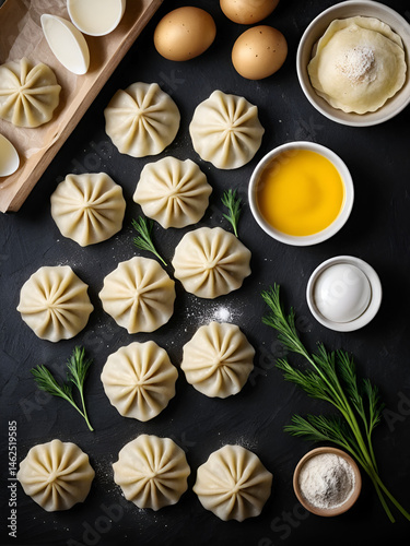 Wallpaper Mural Dumplings with potatoes. Vareniki Homemade. Flour, eggs, dough on a black background. Top view. Free copy space. Torontodigital.ca