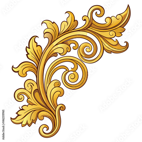 A gilded baroque corner ornament with swirling flourishes on white background