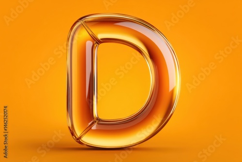 Glass letter D shines brightly against a plain orange backdrop. Its warm, amber-like material reflects light elegantly, creating a striking visual centerpiece in a studio setting.