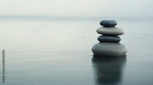 Four stones elegantly stacked outdoors near a tranquil body of water. The serene setting evokes feelings of peace and calmness under bright daylight.