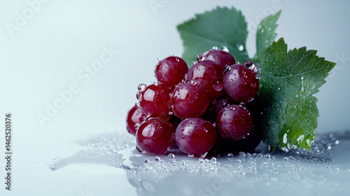 A small cluster of red table grapes, adorned with dewy droplets and grape leaves, stands out against a white background