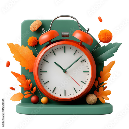 Autumn themed analog clock with fall foliage