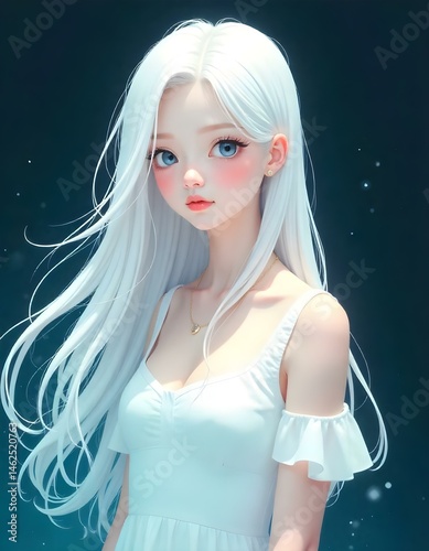 A pale white asian girl, 17 years old, with long white hair and blue eyes, wearing a white dress in a dark blue background
