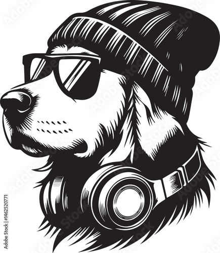 Cool Dog with Headphones, Sunglasses, and Beanie - Black and White Hipster Animal Illustration