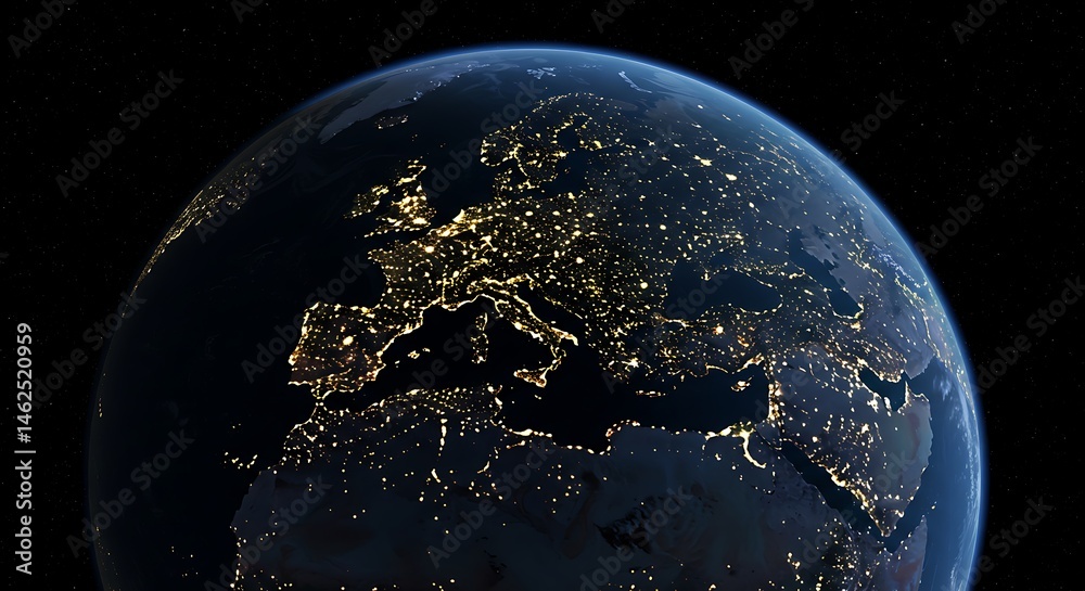 Obraz premium Illuminated Europe: Nighttime View of Earth from Space, Cities Glowing, Visualizing Urban Density, Technological Advancement, Dark Sky, Science Visualization
