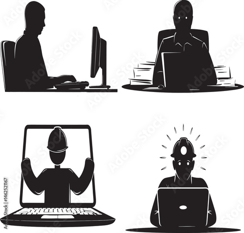 Silhouette set of workers using computers and laptops in various professions and environments

