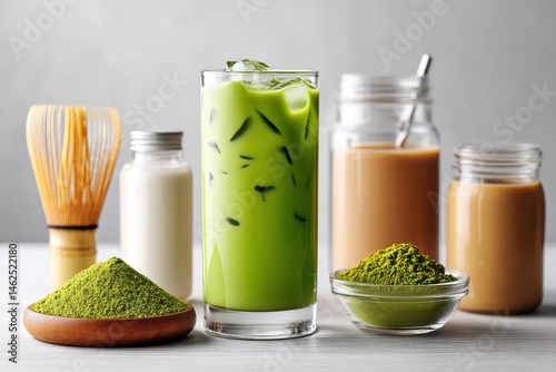 Iced matcha latte in a glass sits on a serene tabletop. Bamboo whisk and matcha powder accompany the refreshing drink, creating a calm kitchen atmosphere.
