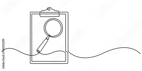 continuous line drawing clipboard with magnifying glass. Concept of Business analysis in simple outline style. Transparent background illustration, A magnifying glass on a clipboard, minimal pro.