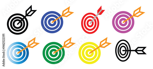 Set of Target vector icon. Colored Target with arrow. Arrows hitting the target. relevant icon realistic vector smart symbol. Victory signs isolated on white background. Modern flat design elements. V