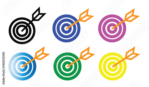Set of Target vector icon. Colored Target with arrow. Arrows hitting the target. relevant icon realistic vector smart symbol. Victory signs isolated on white background. Modern flat design elements. V