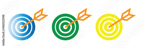 Set of Target vector icon. Colored Target with arrow. Arrows hitting the target. relevant icon realistic vector smart symbol. Victory signs isolated on white background. Modern flat design elements. V
