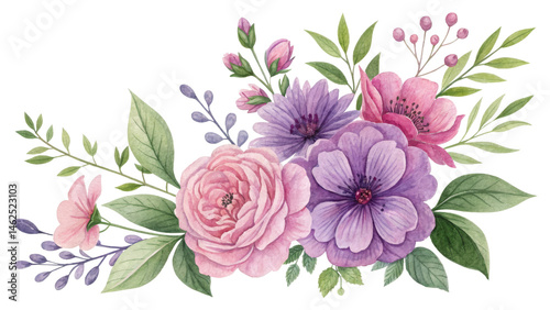 Watercolor Floral Bouquet Composition Pink and Purple Flowers, Isolated on Transparent Background, Floral arrangement, watercolor painting, botanical illustration