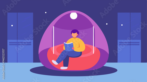 Mall Relaxation Pod A cozy enclosed pod in a mall with plush seating and soundabsorbing walls showing a person reading a book with soft colors and gentle lighting.