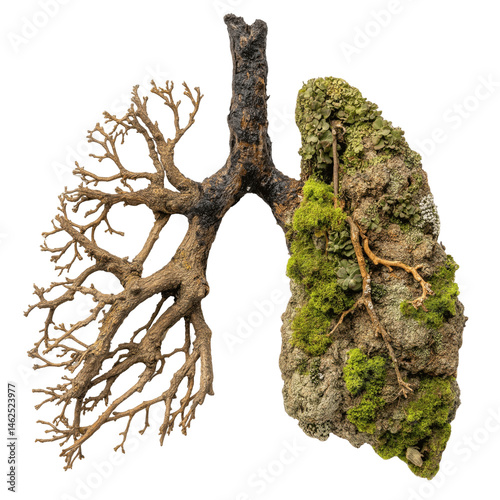 Eco-Lungs: A conceptual representation juxtaposes the dichotomy between nature and decay, depicting a diseased lung in stark comparison to its healthier counterpart.