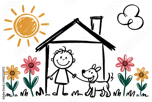 Charming crayon-style drawing of a happy child with a dog outside a house under the sun with colorful flowers.