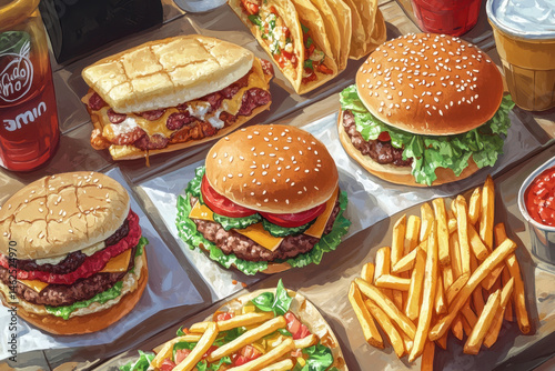 Tray with hamburger, burger, and fries.