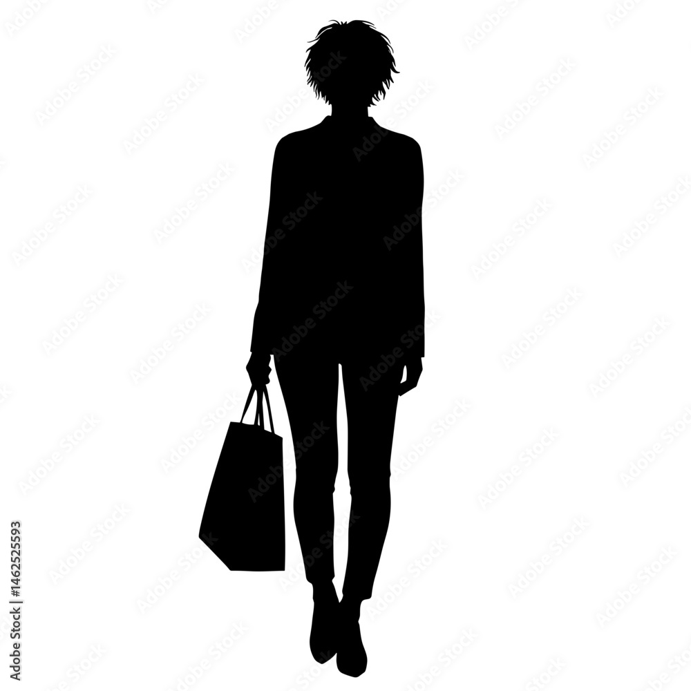 Silhouette of a young woman in casual style walking while holding shopping bag on transparent background Silhouette of a young woman in casual style walking while holding shopping bag on transparent background
