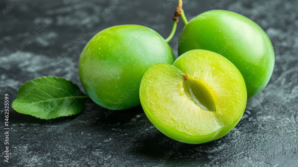 Obraz premium A vivid green plum displayed on a dark gray backdrop