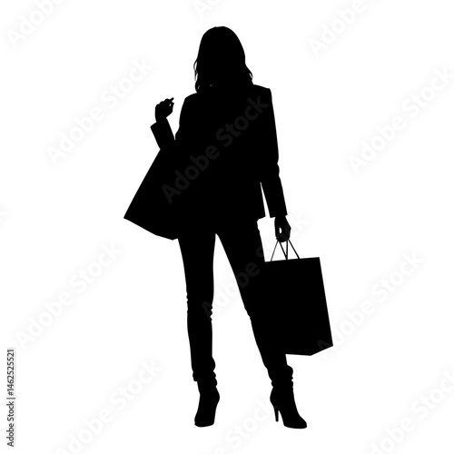 Silhouette of a confident and flirty woman in a stylish outfit standing with shopping bags on a transparent background