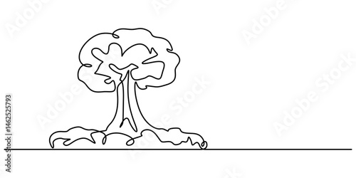 Nuclear explosion. One line, One continuous line drawing of Atomic bomb explosion. Nuclear mushroom cloud symbol of war catastrophe and apocalypse in simple linear style. Editable stroke. Doodle style