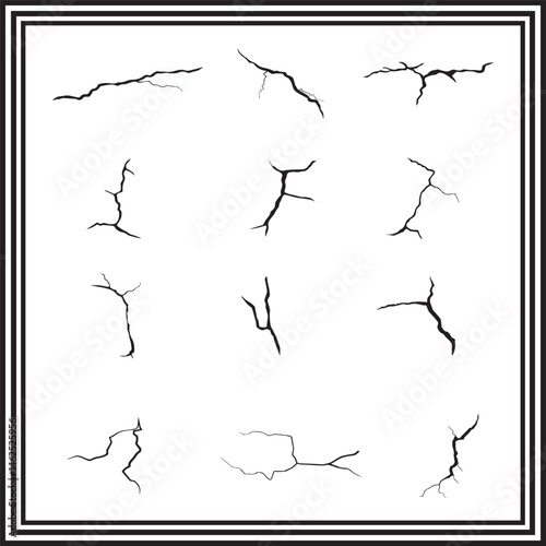 Hairline Crack Vector Set – Thin Broken Surface Lines for Wall or Ground Damage Effects – Realistic Fracture Illustrations for Texture Design, Grunge Art, and Distressed Details