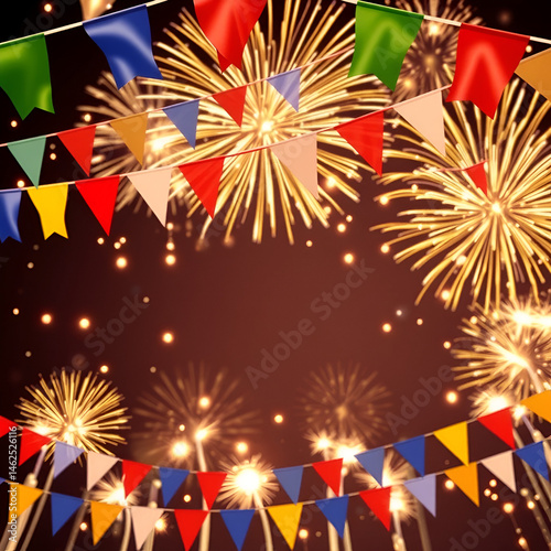 Celebratory background with vibrant flags and sparkling fireworks creating a festive atmosphere for New Year festivities and joyful gatherings