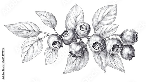 Detailed illustration of blueberries and leaves on a branch.
