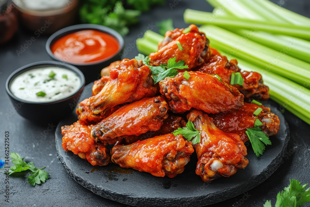 Fototapeta premium Buffalo wings with ranch sauce on a wooden plate, garnished with celery sticks.