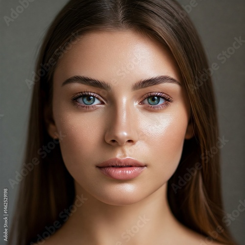 Close-up portrait of a young woman with healthy glowing skin, natural face beauty care