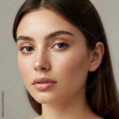 Close-up portrait of a young woman with healthy glowing skin, natural face beauty care