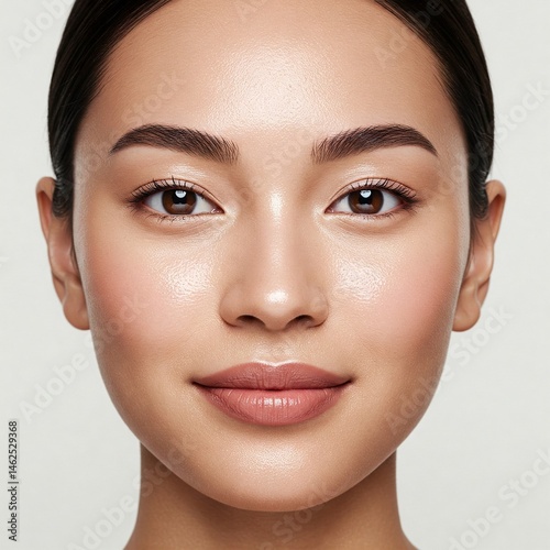 Close-up portrait of a young woman with healthy glowing skin, natural face beauty care