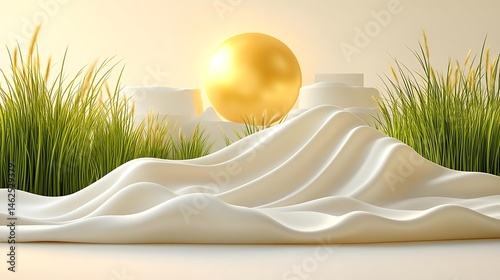Golden sphere on white cloth, grass background, product display