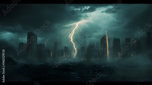 Dramatic thunderstorm with lightning illuminating a city skyline, showcasing an electrifying atmosphere and extreme weather.