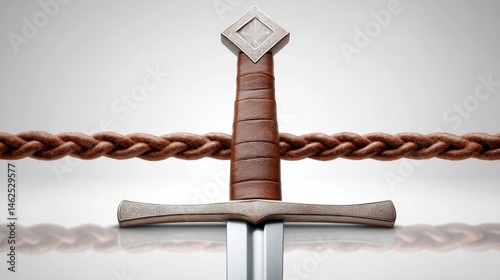 Centered medieval sword features a straight crossguard and leather-wrapped hilt, displayed on a smooth white backdrop with a subtle reflection, ideal for commercial use photo