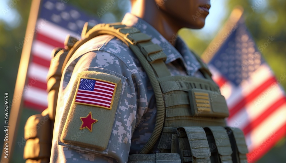 Naklejka premium Patriotic Soldier: American Flag and Military Uniform