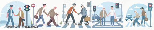 young man helping old man cross the road vector flat design style